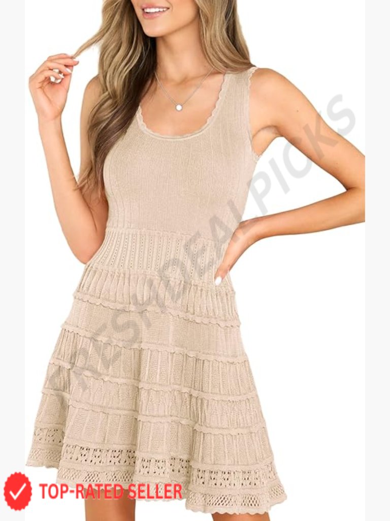 Womens Casual Knitted Crochet Hem Flow Mini Dress Summer Tank Sundress